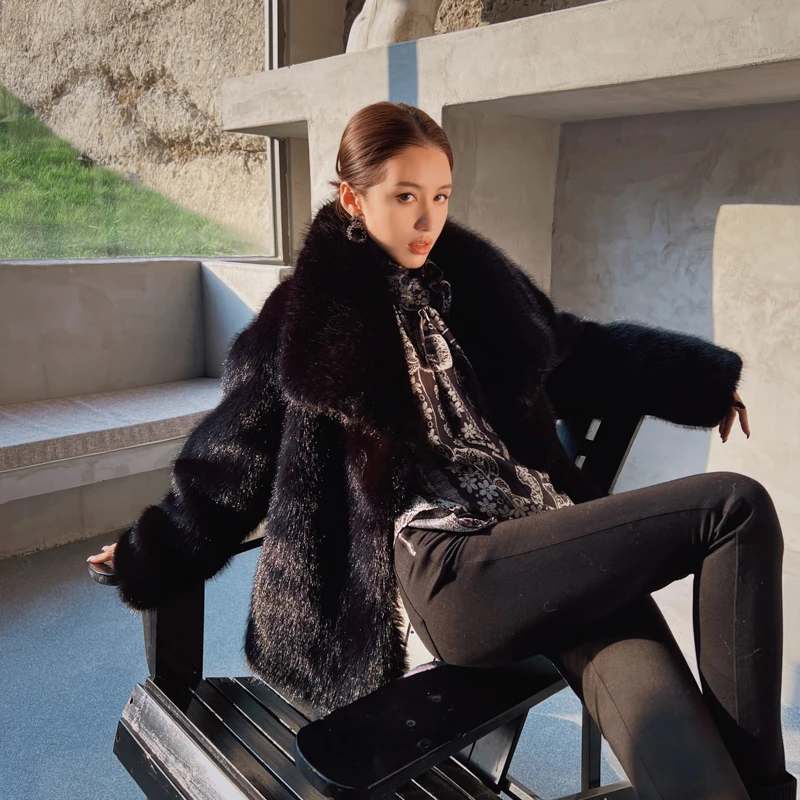 

Осень-зима 2022, новый стиль, женская черная экологически чистая шуба из искусственного меха с широкими лацканами (искусственный мех норки) DM2DOT016