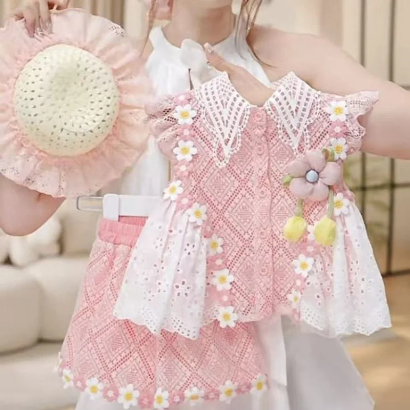 Girls' Summer Sweet Pink Embroidered Floral Lace Off-Shoulder Dress Set