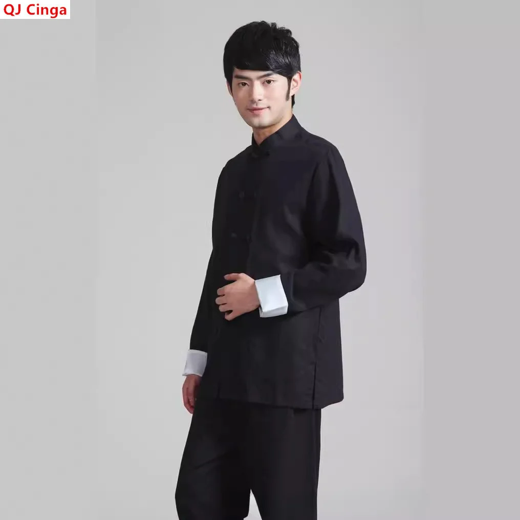 Chinese-style Men's Black Cotton-linen Two-piece Set, Featuring A Stand-up Collar Long-sleeve Shirt and Pants.