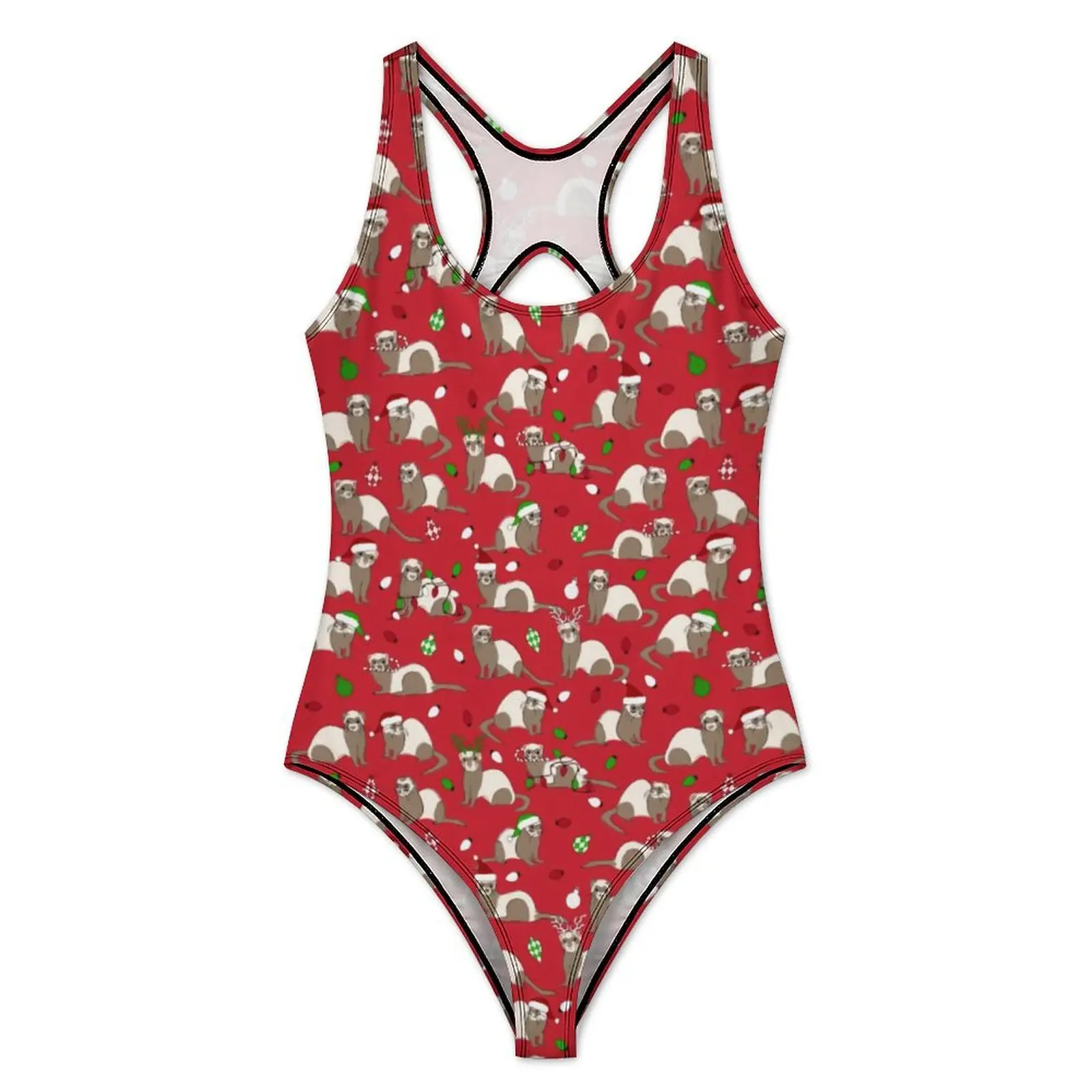 Christmas Ferret Swimsuit Funny Animal Print Swimwear One-Piece Swimsuits Hollow Out Bathing Suit Women Push Up Sexy Beach Wear