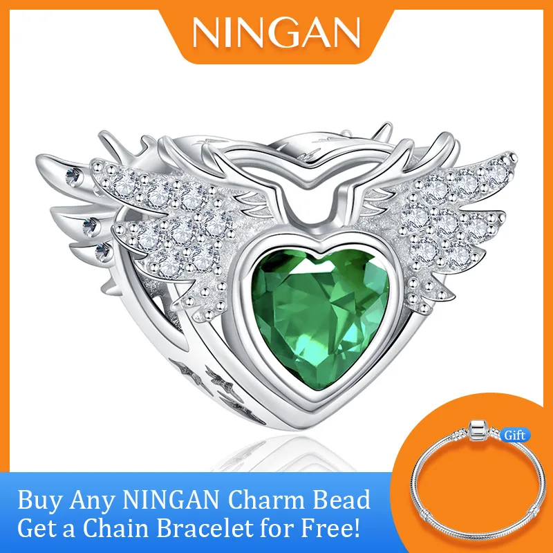 

NINGAN New Fashion Emerald Heart Wing Birthstone Charm Genuine Women's Sterling Silver Beads for Bracelet Necklace