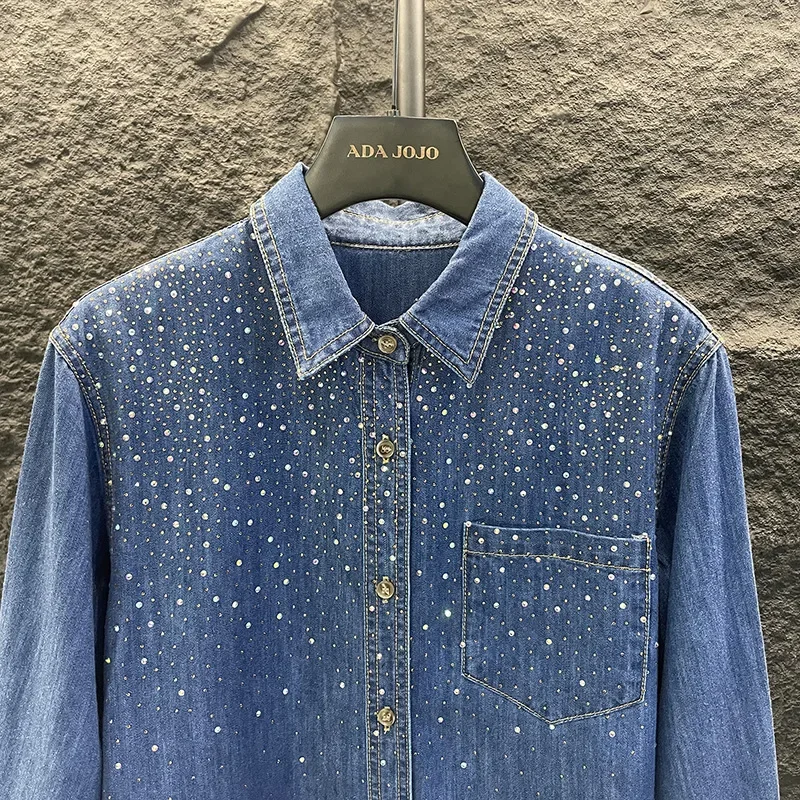 Starry Sky Diamonds Beaded Denim Shirt Retro Hot Drilling Sequined Jeans Blouses Coat Single Breasted Cowboy Cardigan Tops