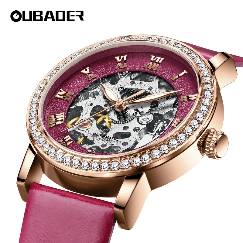 OUBAOER Iced Out Women Watch Automatic Mechanical Skeleton Luxury Leather Band Diamond Wristwatches Montre Femme Gift for Ladies