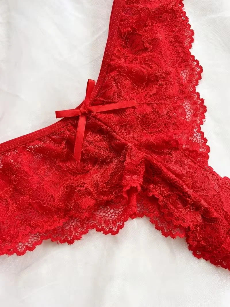 2026 New Red Sexy Lingerie Set Women Deep V Slip Dress Thong Erotic Bra Panty Sets Lace Nightdress Soft Nightgown wedding Pijama view 5