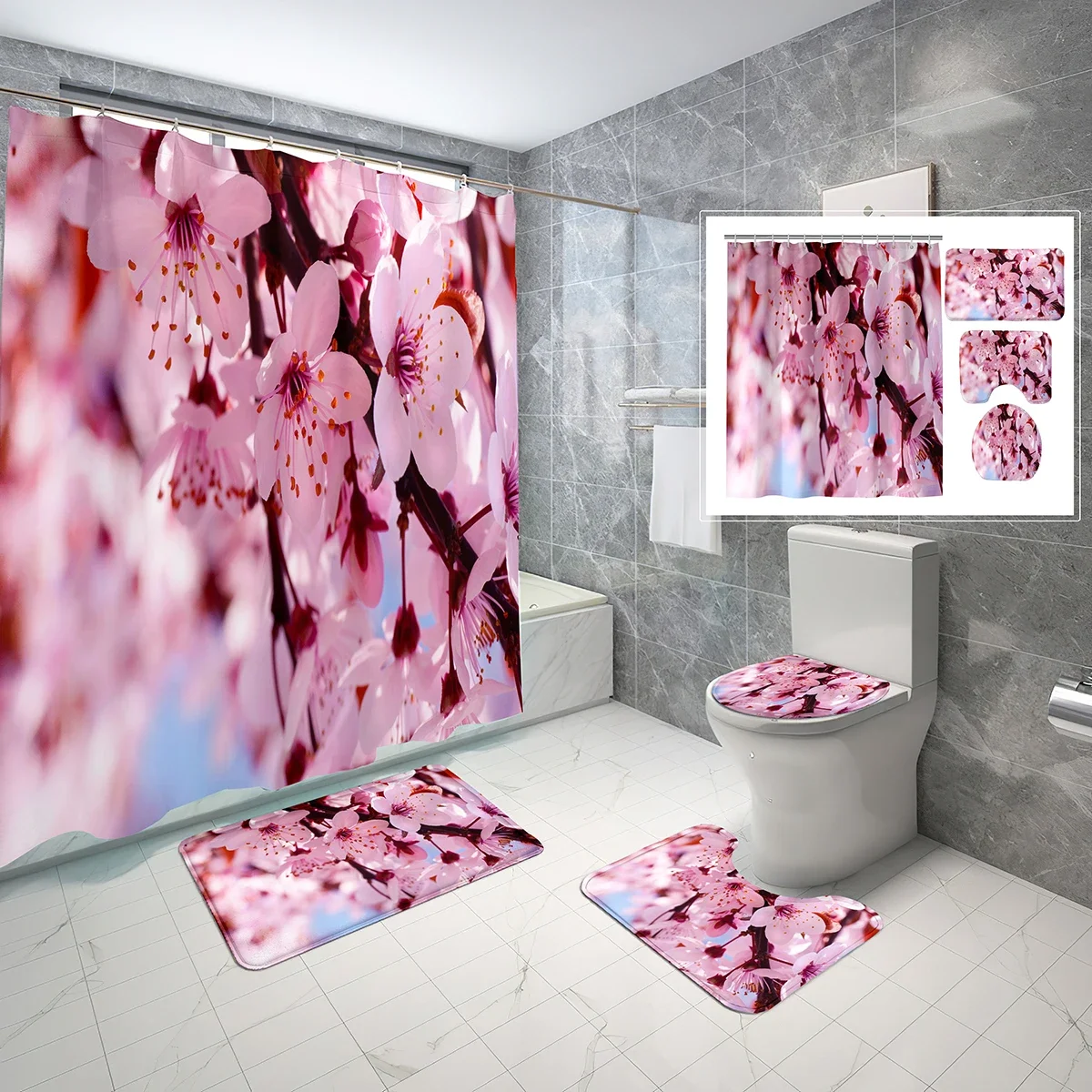 

Pink Flower Shower Curtain Set Spring Cherry Blossom 4 Pcs Shower Curtain Bathroom Non-Slip Bath Mat Toilet Cover Curtain Set