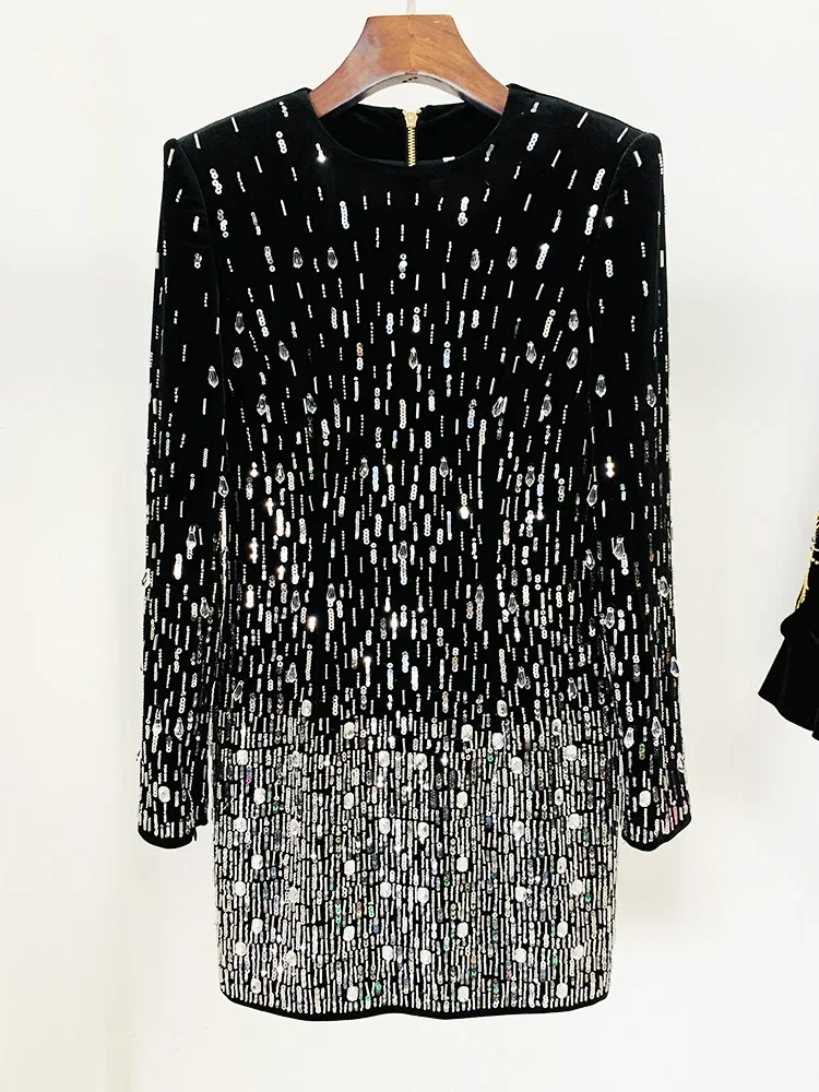 Mini abito da donna a maniche lunghe con paillettes, cristalli e perline - Stile designer di lusso, ultimo abito in velluto alla moda di High Street