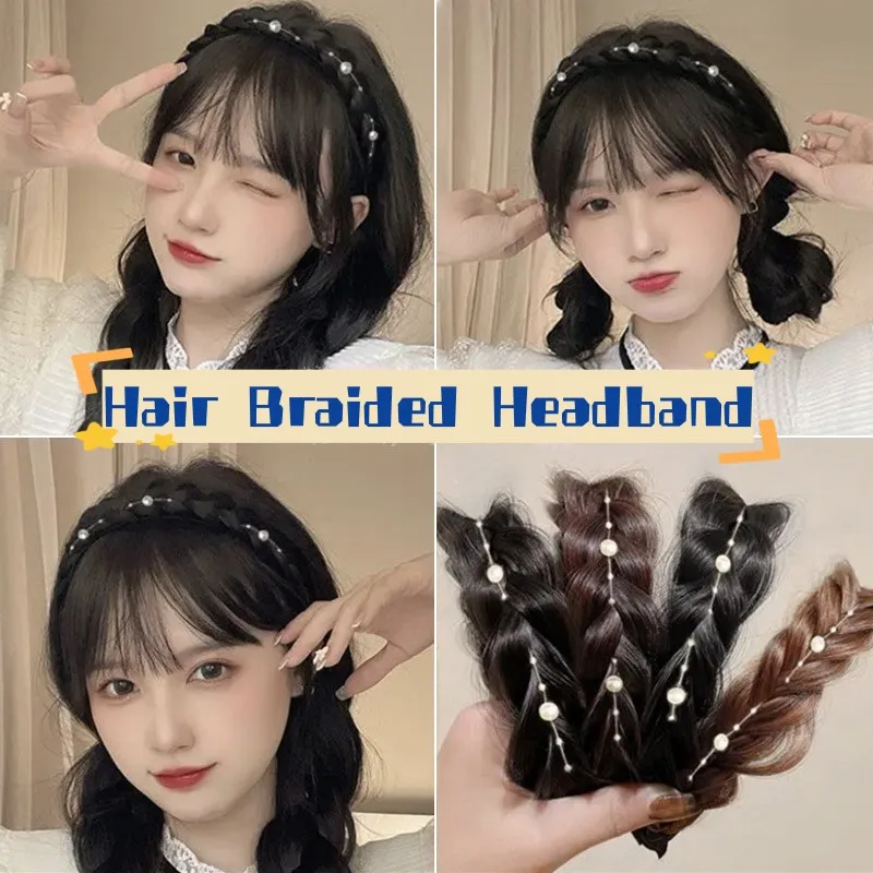 New Pearl Wig Twist Headbands For Women Wide Fishbone Braids Hairbands Retro Head Hoop Hair Styling Headwear Accessories Gifts