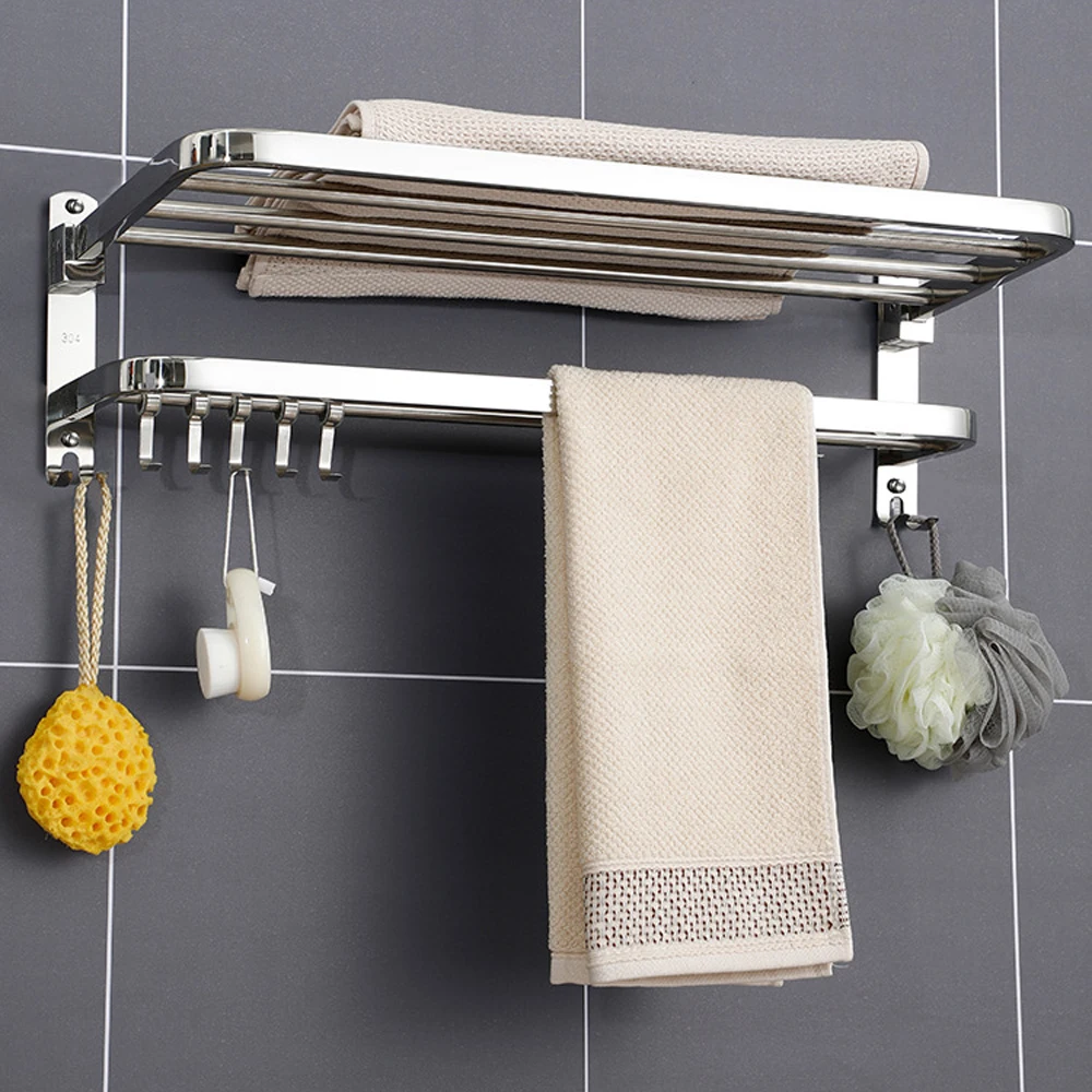Hot Sale Stainless Steel Wall Mount Folding Double Layer Bath Towel Rack Mirror Luxury Bathroom Towel Rack For Hotel Home