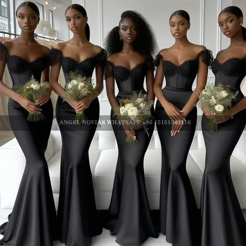 

African Black Mermaid Bridesmaid Dresses Off Shoulder Sweep Train Women Wedding Guest Gowns Maid of Honor Dress