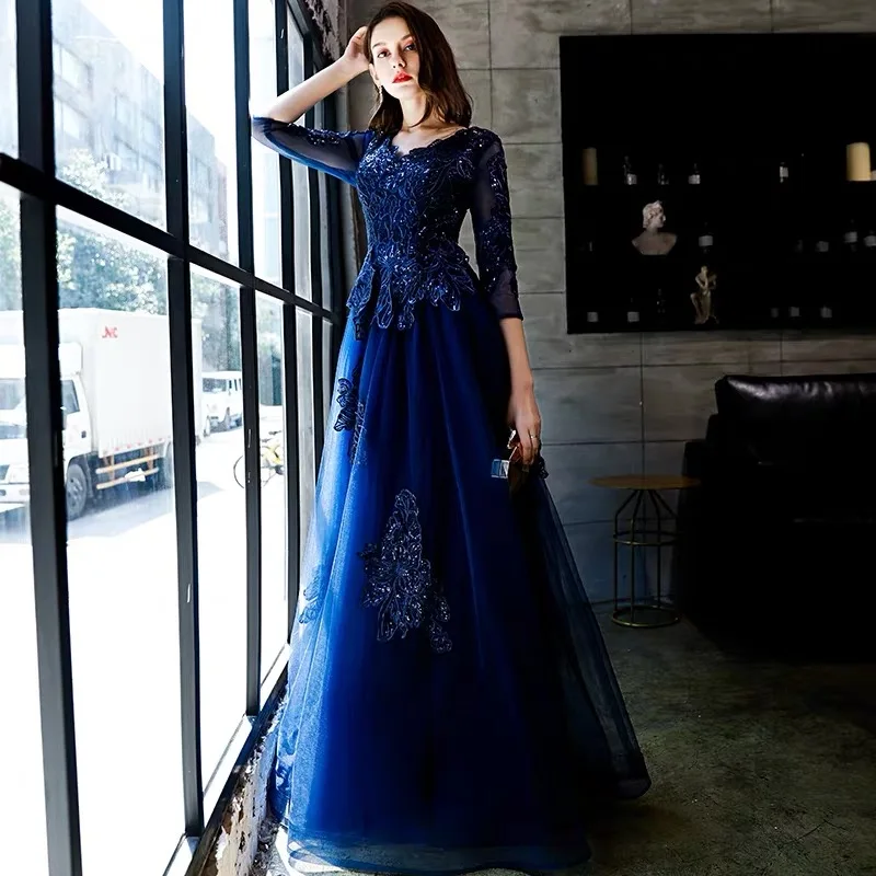 

Royal Blue Evening Dresses V Neck A Line Luxury Long Sleeve Sequin Lace Formal Elegant Wedding Prom Party Gowns Robes De Soirée