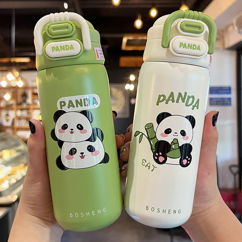 490ml Stainless Steel Thermos Bottle Cute Panda Straw Water Cup Children and Students Double Elastic Cover Sports Water Cup