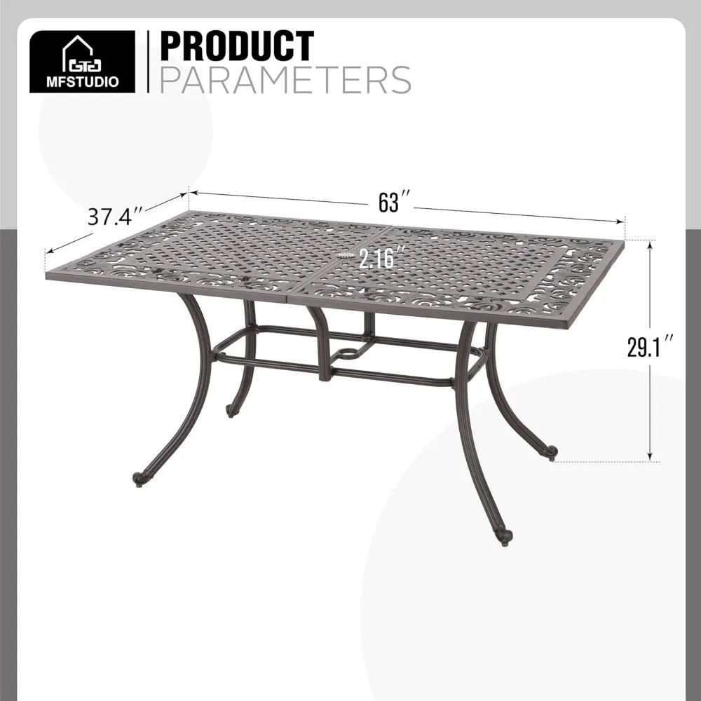 O 6-Personen-Terrassen-Esstisch aus Aluminiumguss, 63 Zoll, rechteckig, mit Retro-Designmuster und Schirmloch, mattiertes goldenes Schwarz