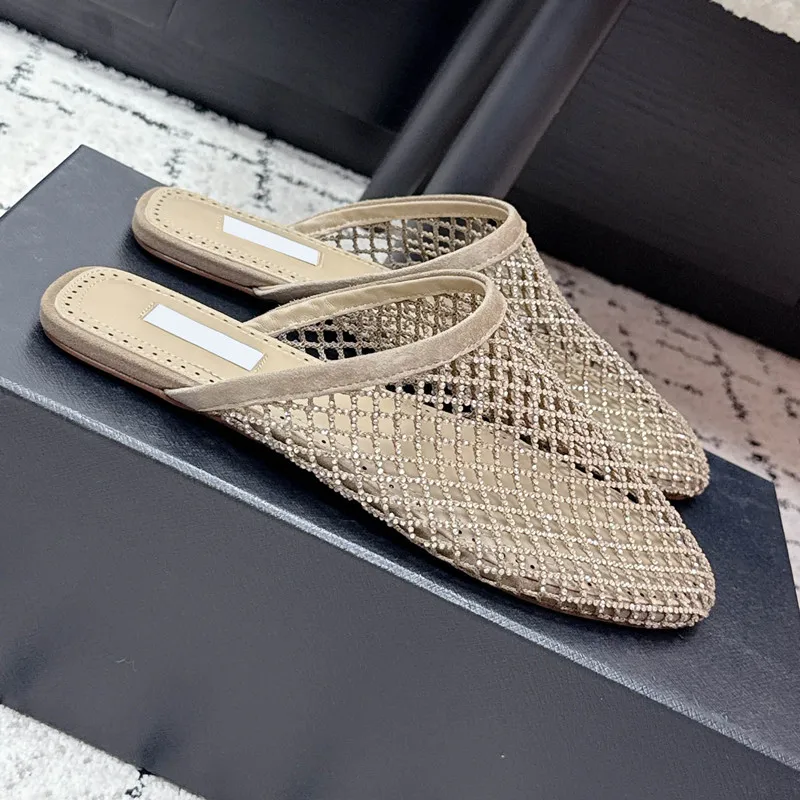 Designer Brand Original Woven Crystal Fishing Net Shoes For Women Wearing Flat Bottomed Toe Leather Slippers
