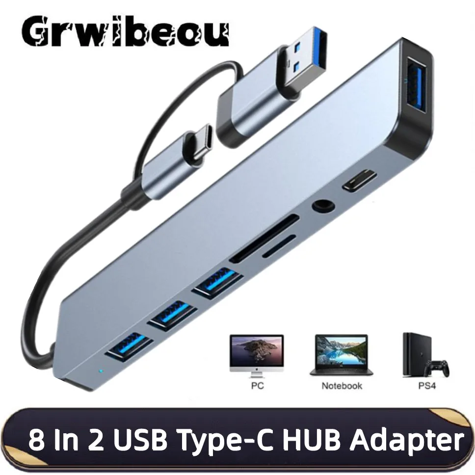 

8-in-2 USB Type-C Hub 3.0 Multiport Adapter with SD/TF Card Reader USB Splitter Docking Station for MacBook Laptop Tablet Phone