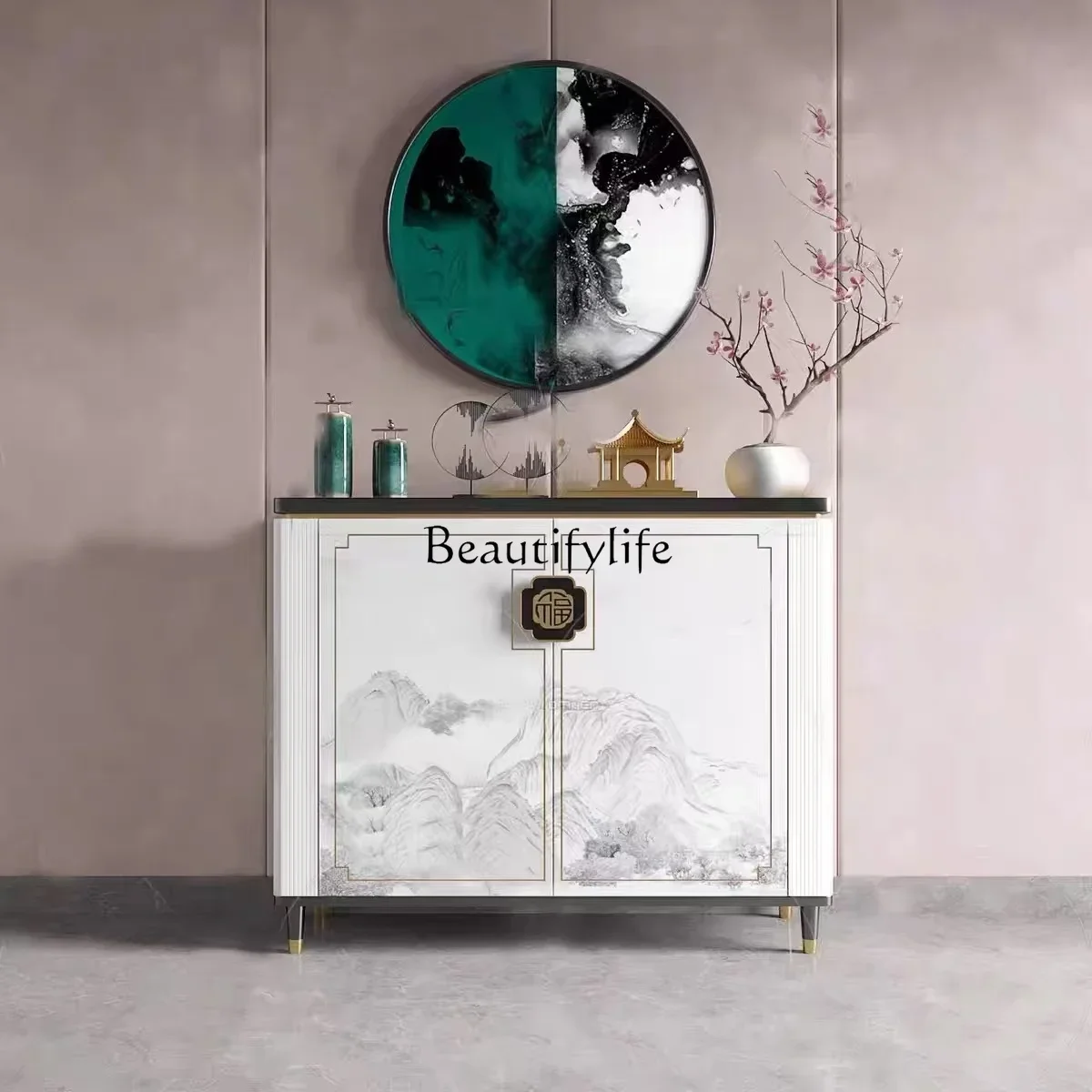 

ZJ-*New Chinese style solid wood dining side cabinet popular painting light luxury art modern entrance cabinet