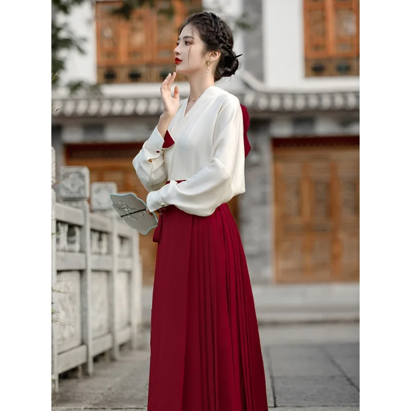 Improved Hanfu New Chinese Style Retro Horse Face Skirt Daily Traditional Dress Elegant Temperament Solid Color Mamianqun Suit