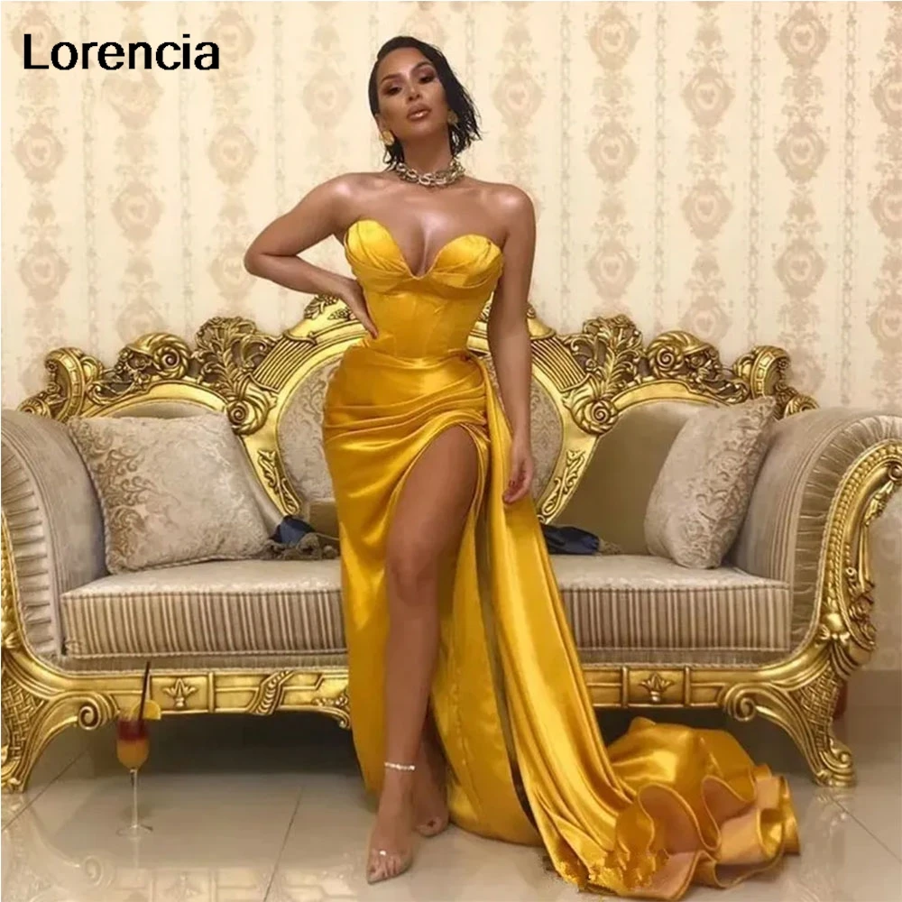 

Lorencia Sexy Gold Mermaid Prom Dress 2024 Satin Split Long Evening Dress Formal Party Gowns Black Girls Robe De Soiree YED13