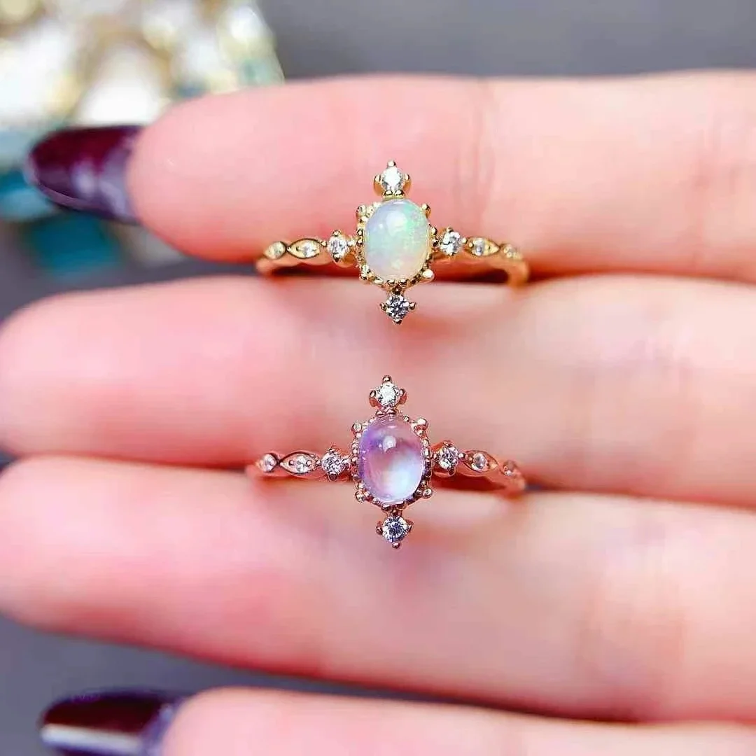 Cute 925 Silver Gemstone Ring 4mm*5mm Natural Moon Stone Opal Ring 18K Gold Plated Moon Stone Silver Jewelry