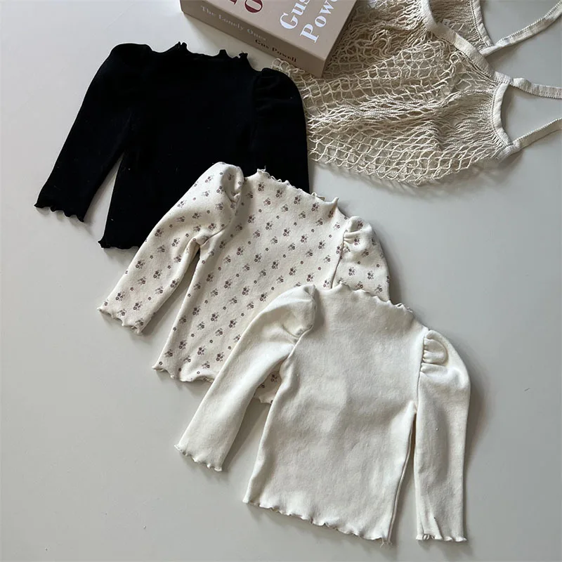 Autumn Winter Thicken Ruffle Girl Baby Solid Puff Sleeves Bottoming Shirt Children Flower Print T-shirt Kid Cotton Casual Tops