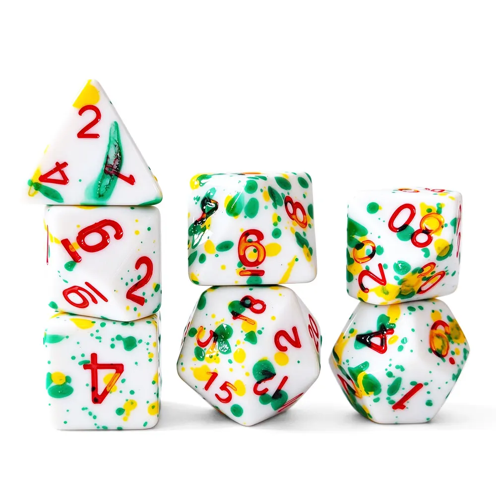 7Pcs Paint Splatter Polyhedral Dice Set, White Base With Green Yellow Red Spots Red Numbers, DND RPG Tabletop Role Playing Game