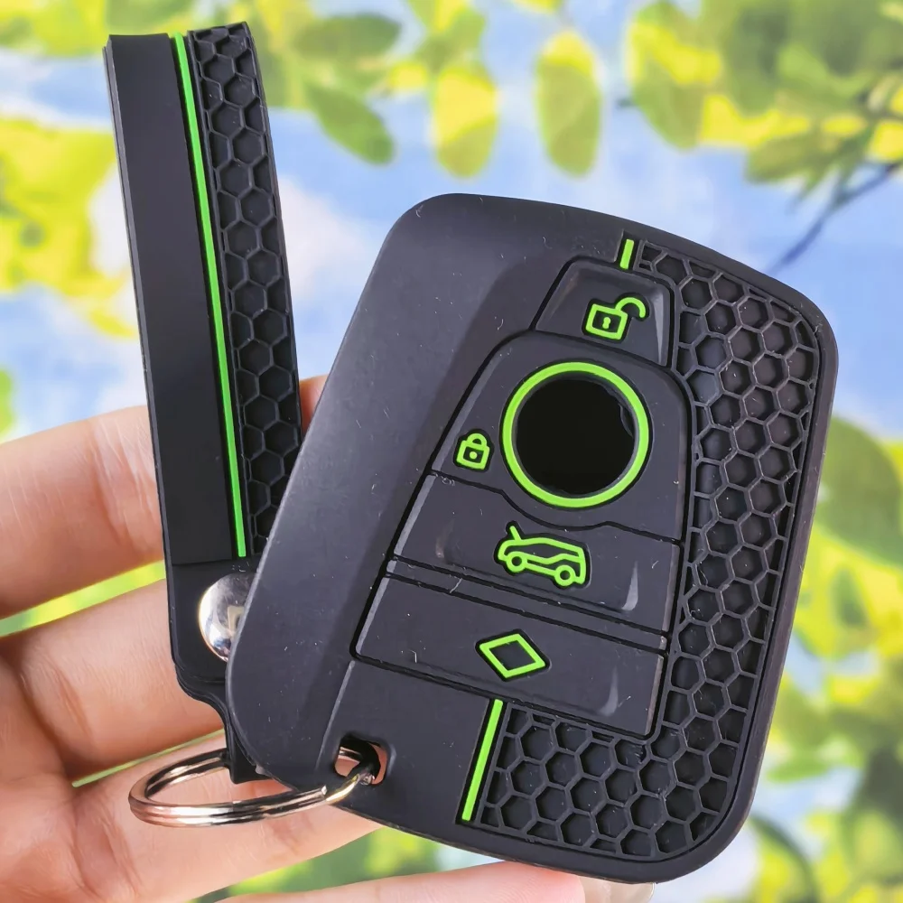 Ergonomic Honeycomb Grip Silicone Smart Remote Key Cover with Keychain Precise Button Cutouts for BMW I3 I8 Car Interior Key Bag