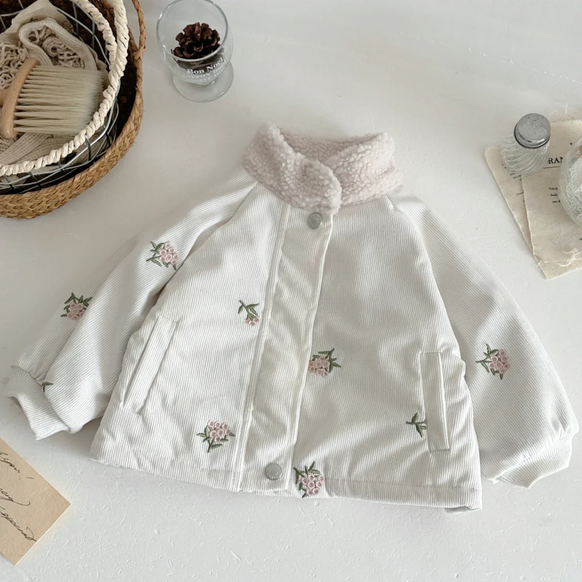 Baby Girls Warm Jackets Fur Collar Zipper Button Pocket Coat Autumn Winter Plush Thickened Children Outerwear