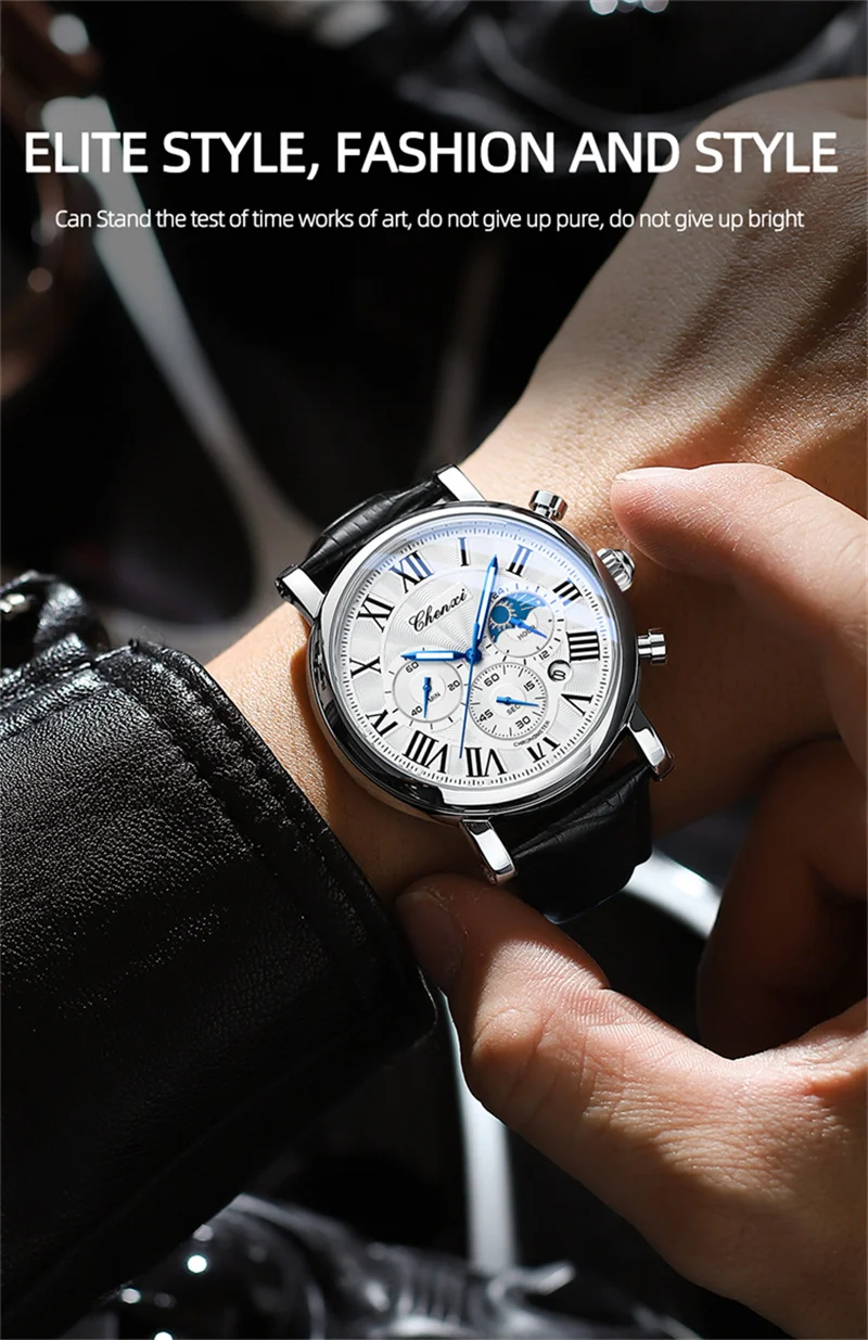 CHENXI 973 Herren-Quarz-Armbanduhr, wasserdicht, leuchtender Chronograph, Multifunktions-Mondphase-Herrenuhren, часы Afrikaans – Detail 2
