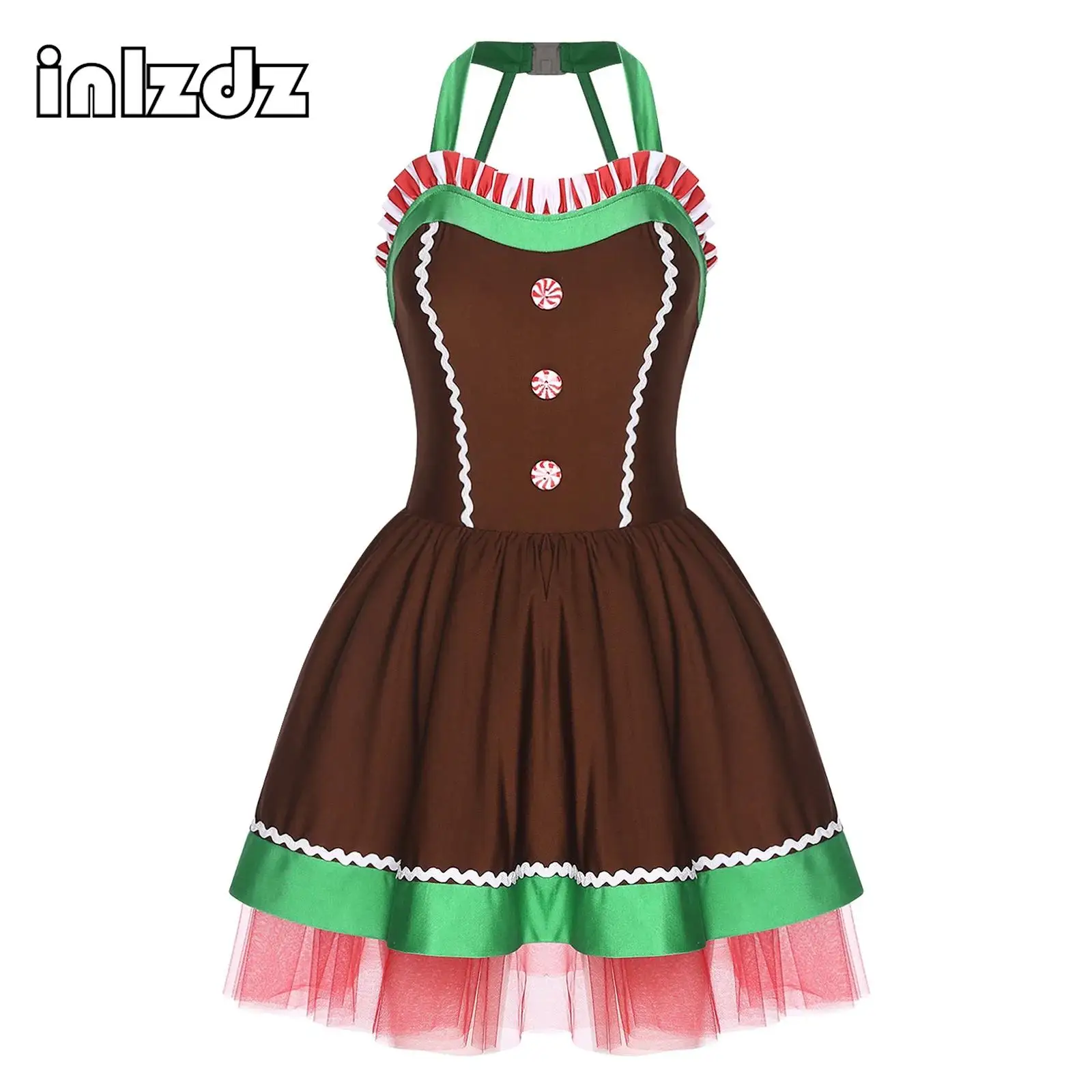 

Womens Christmas Gingerbread Cosplay Costume Ballet Dance Tutu Dress with Built-in Briefs for Masquerade Xmas New Year Party