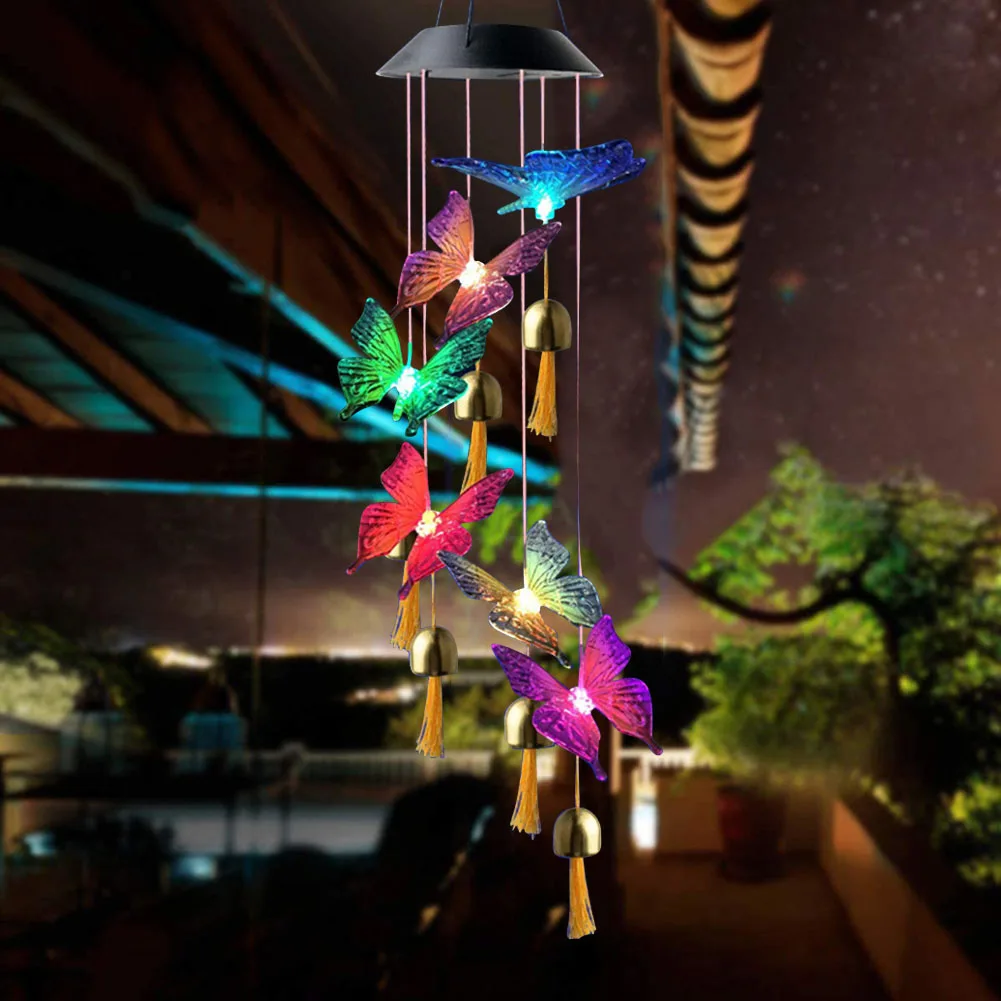 فراشة الرياح الرنين أضواء اللون تغيير LED الشمسية مصابيح مقاومة للماء في الهواء الطلق مصباح معلق ديكور المنزل لساحة حديقة الفناء