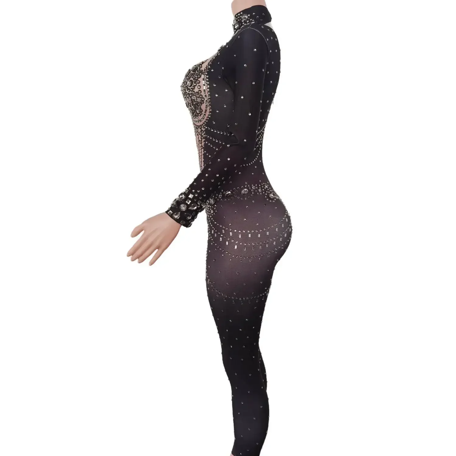 Nightclub Ds Body da ballo Cristalli da festa Body Cristalli lucidi Maniche lunghe Aderente Tute da donna Showgirl Stage Wear