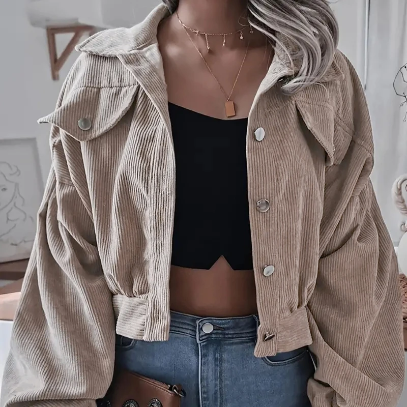 

Fashion Autumn Winter Corduroy Short Coat Solid Turn-Down Collar Lantern Long Sleeve Jacket Single Breasted Women Clothes Casual