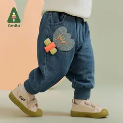 Amila Baby Girl Jeans 2024 Winter New Embroider Denim fabric Warm Fashion Cosy Casual  Baby Clothing