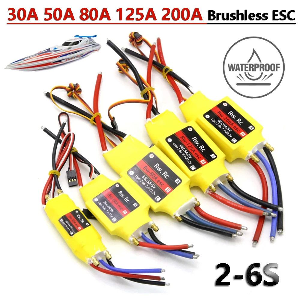방수 브러시리스 RW.RC 30A 50A 80A 125A 200A ESC 속도 컨트롤러 2-6S 리포 5V/5A BEC UBEC 포함 RC 보트 선박 모델 부품용