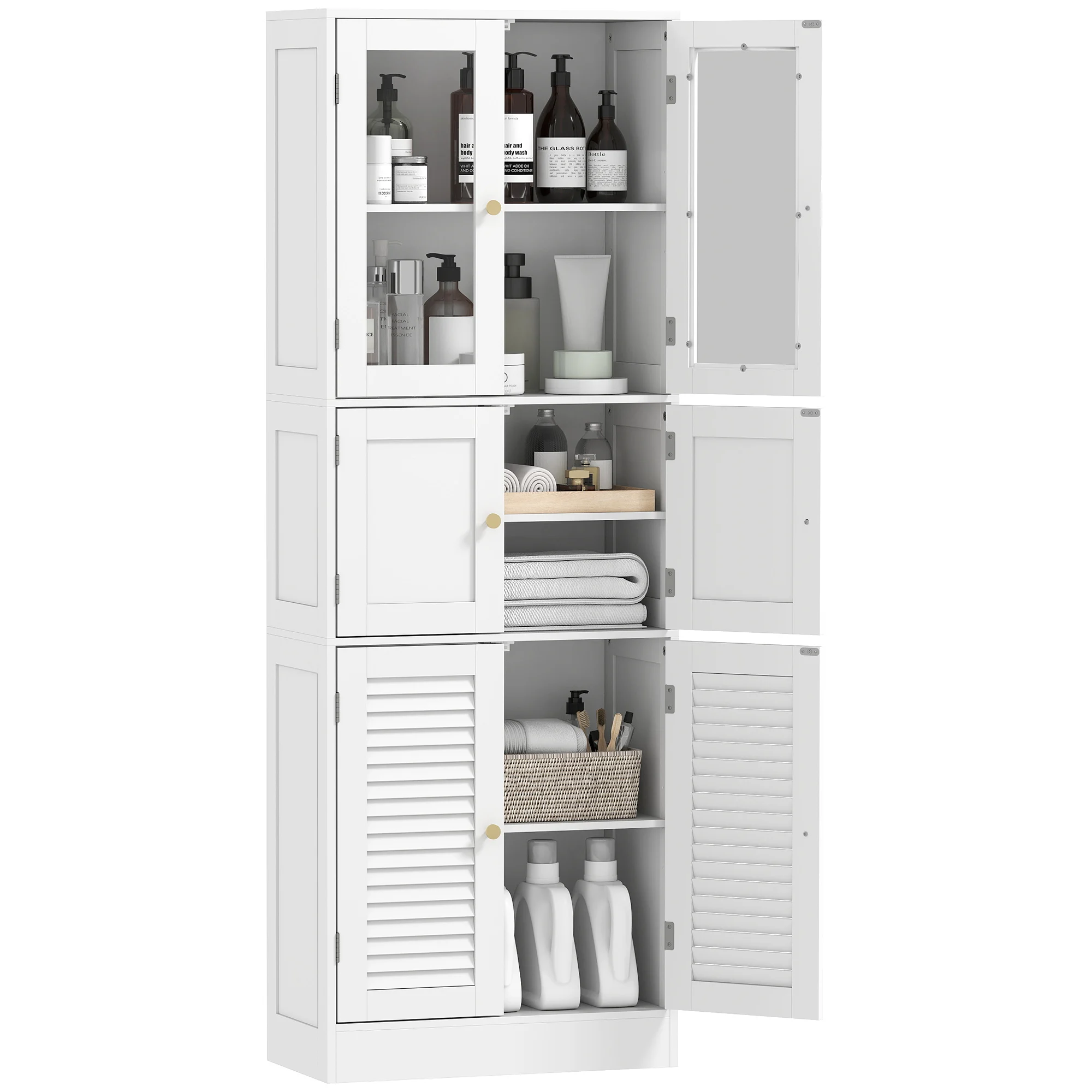 HOMCOM  Columna de Baño Estrecha con Puertas de Vidrio Puertas de Lamas Estantes Ajustables 60x30x170 cm Blanco