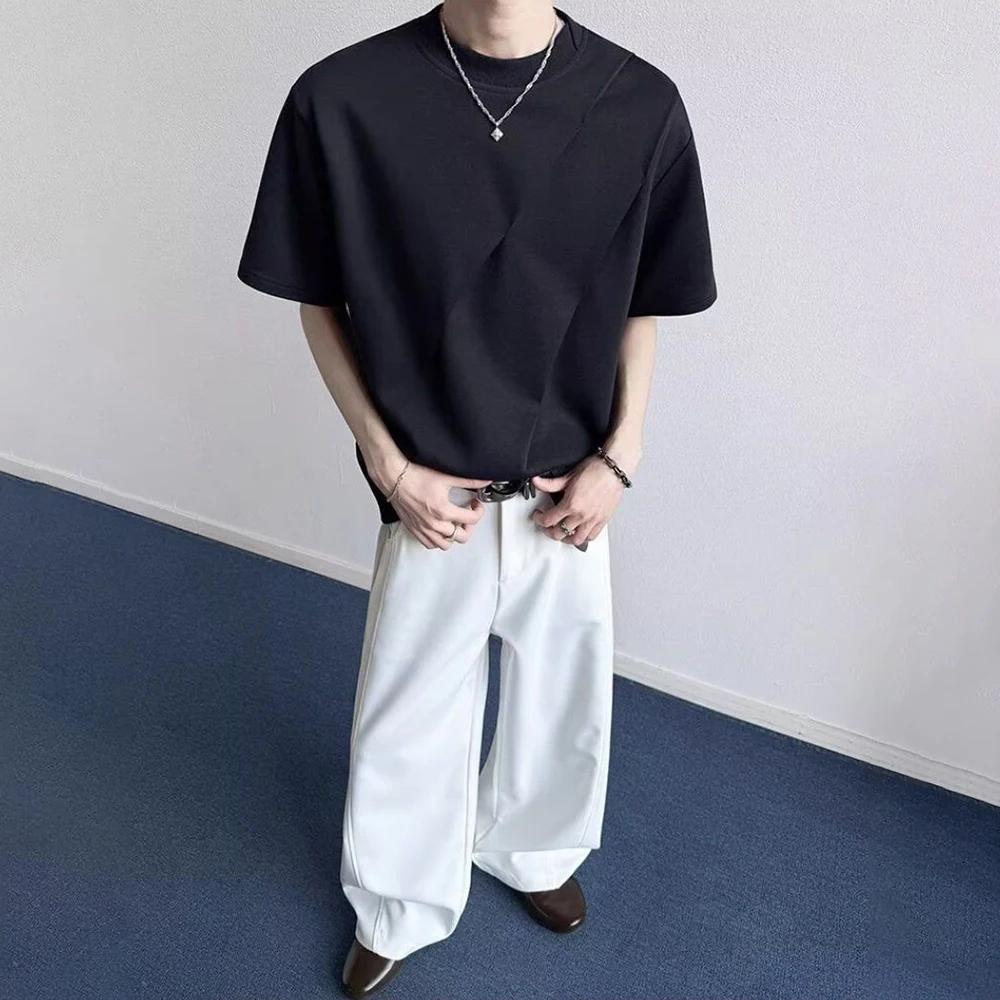 Mens Deconstructed Pleated Patchwork Niche Casual T-Shirt Streetwear Fashion Nightclub Stage Hip-Hop Top Men'S Clothing 2026 New