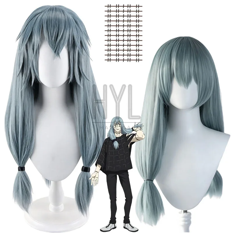 アニメ「マヒト」コスプレウィッグ-ブルー-ロング-シンセティックヘア-タトゥーステッカー-女性男性用-ハロウィンコスチューム-パーティー-カーニバル小道具