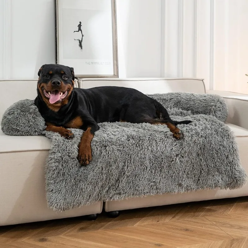 

XXL Dog Bed, Calming Faux Fur Pet Bed for Large Dogs, Non-Slip 50"x39"x8" with Removable Neck Bolster, Washable Cover