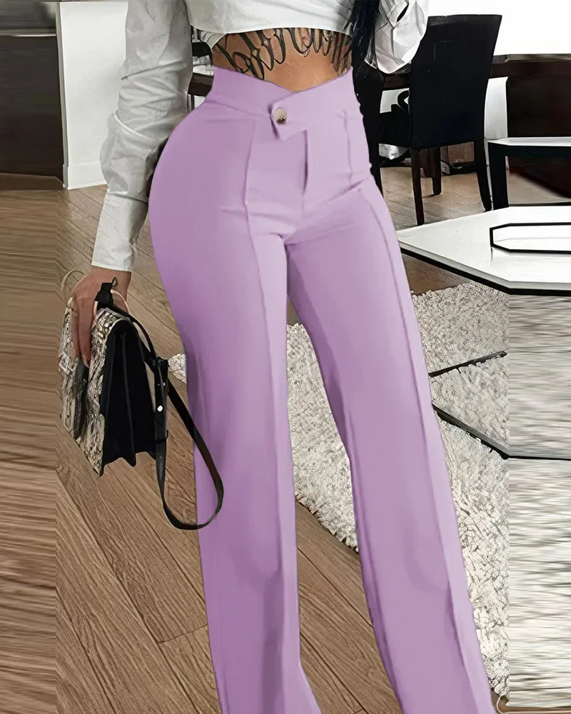 Women Pants Wide Leg Pants Zipper Fly Slim Fit Flat Office Lady Pockets High Waist Autumn 2023 Ankle Length Solid Color