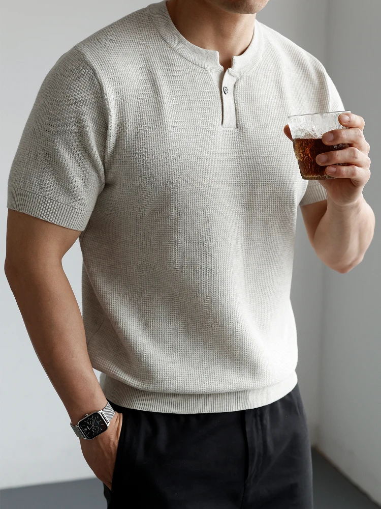 Ice Silk Cotton Cool Feeling Knitted Short Sleeve T-Shirt Single Button Pineapple Texture Business Casual Men's Wear
