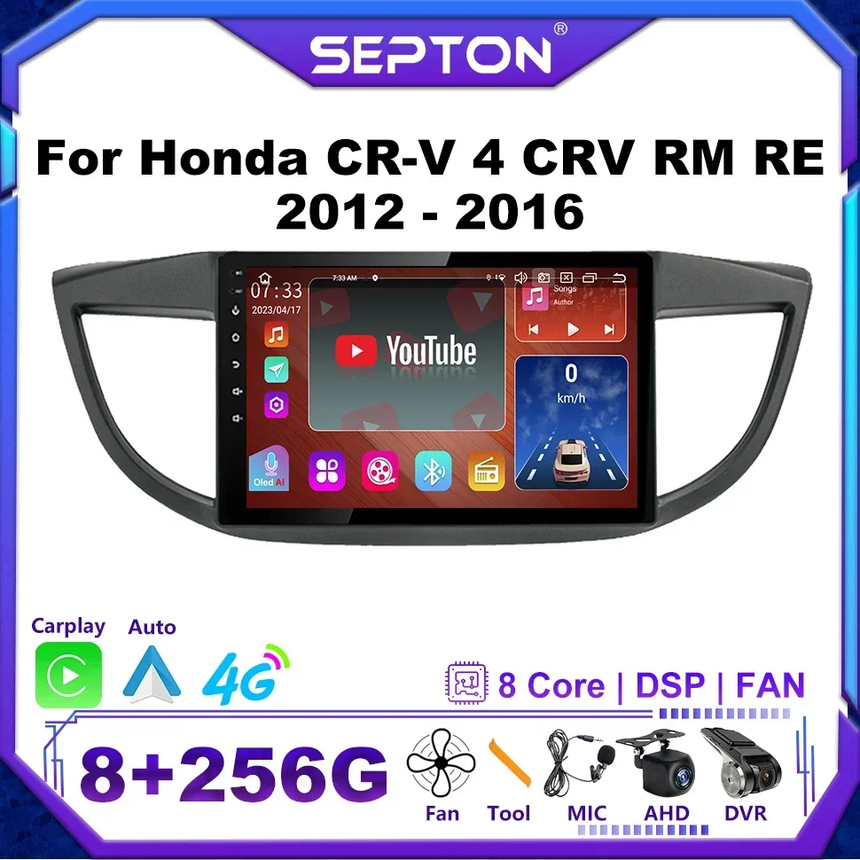 SEPTON 8+128G Android12 Car Radio Multimedia Player For Honda CR-V 4 CRV RM RE 2012 - 2016 GPS WIFI Head Unit CarPlay  Autoradio