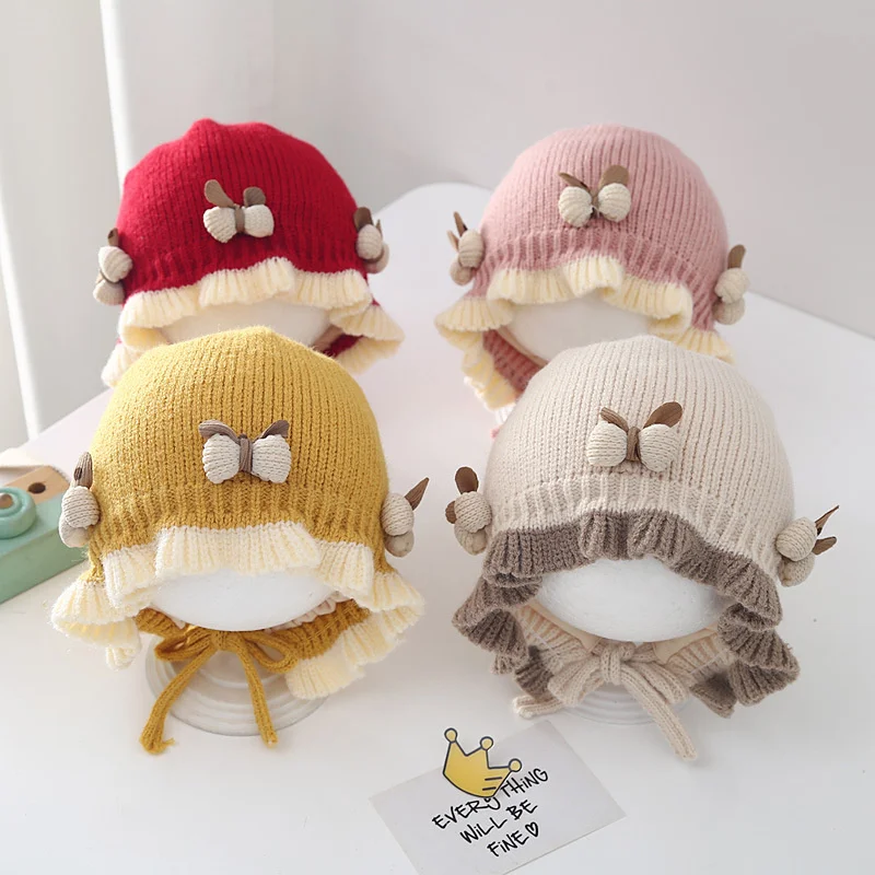 Cute Baby Bow Knitted Hat Autumn Winter Girls Sweet Children's Warm Ear Protection Hat Princess Kids Pullover Hat