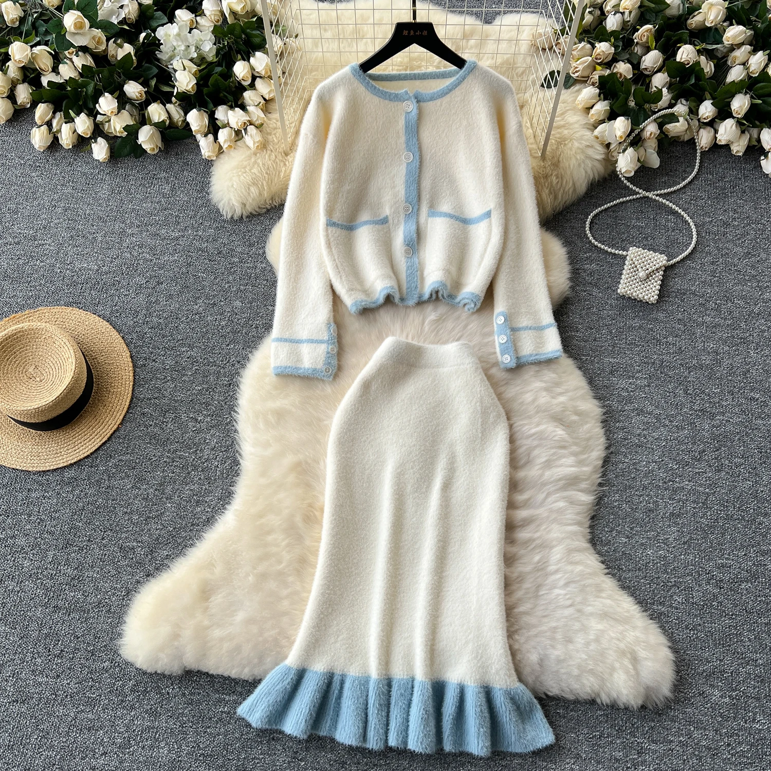 

Elegant Women Skirt Sets Contarst One Breasted Long Sleeve Warm Knitting Coat+High Waist Slim Mermaid Skirt 2pcs Female Suits