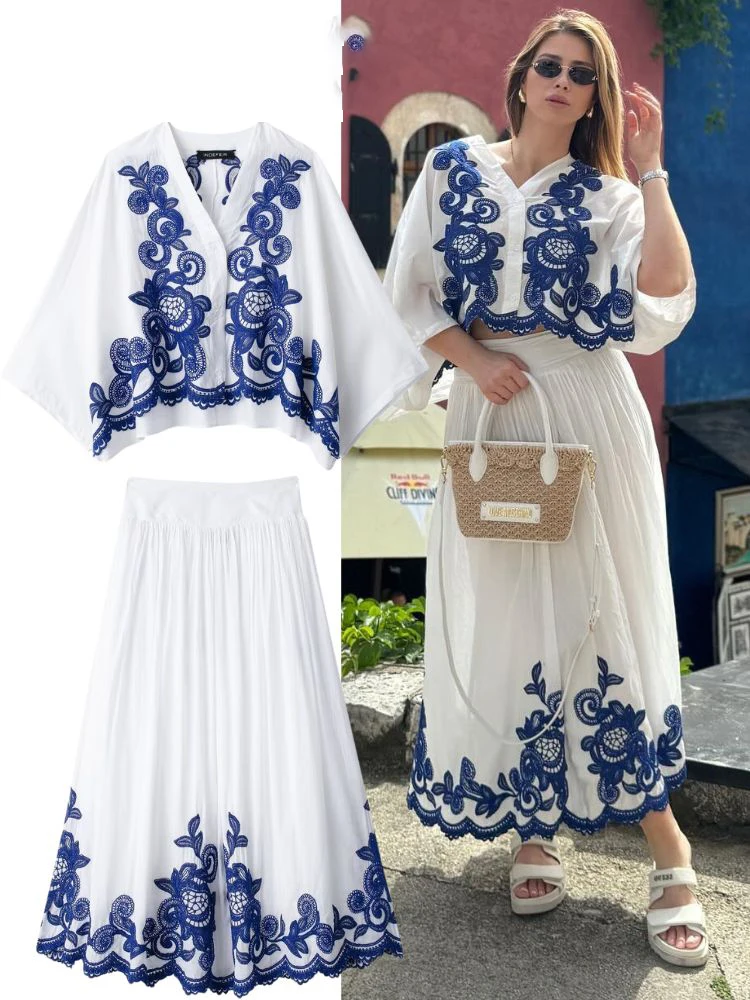 HH 2024 여성 자수 셔츠 미디 스커트 세트 캐주얼 셔츠 탑 + A라인 하이웨이스트 시크 엘레강스 플리츠 롱 스커트 의상