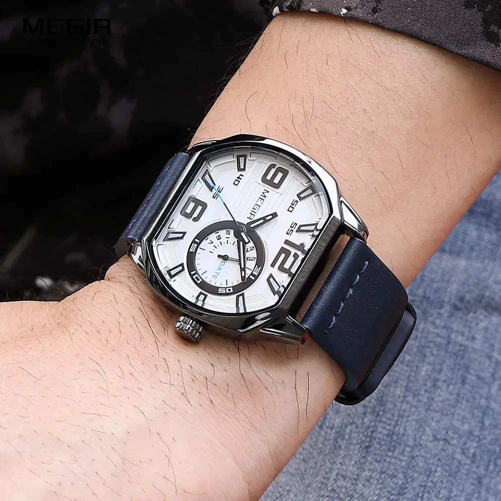 MEGIR-Montre Octogone en Cuir group pour Homme, Grand Cadran, dehors, Étanche, Shoous, Calendrier, Décontracté, Montres-Bracelets, Nouvelle Mode, 2201