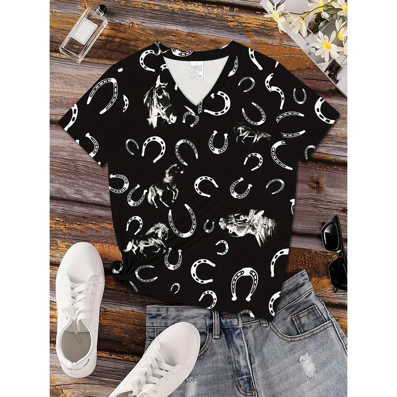 Western Country Casual Fashion Vacation Abstract Painting  Printed V-Neck Short Sleeve T-Shirt,Black And White Contrast Animal