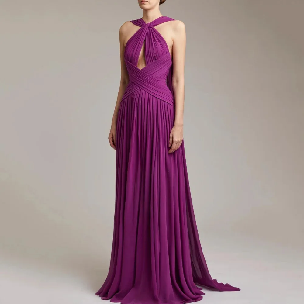 スリムなAラインのネラインロングドレス、パープルレッド、誕生日パーティー用、ポリエステル生地、ノースリーブ、ミッドウエスト、イブニングドレス