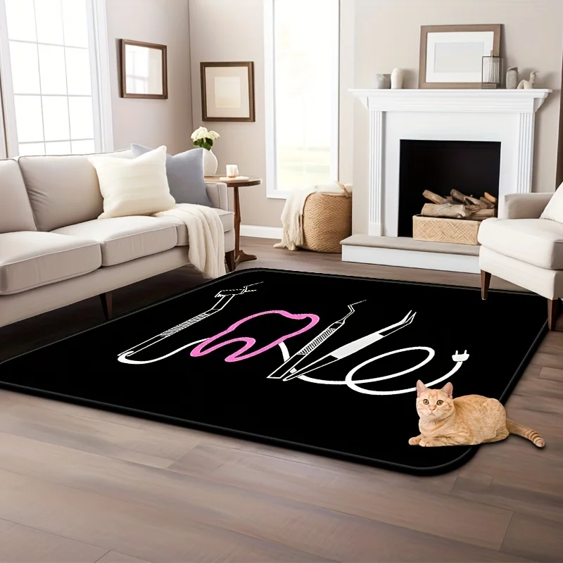 2D Flat Dental Tools Tooth Icon Black Background Professional Flannel Door Mat Non Slip Dentist Office Rug For Clinic Entrance