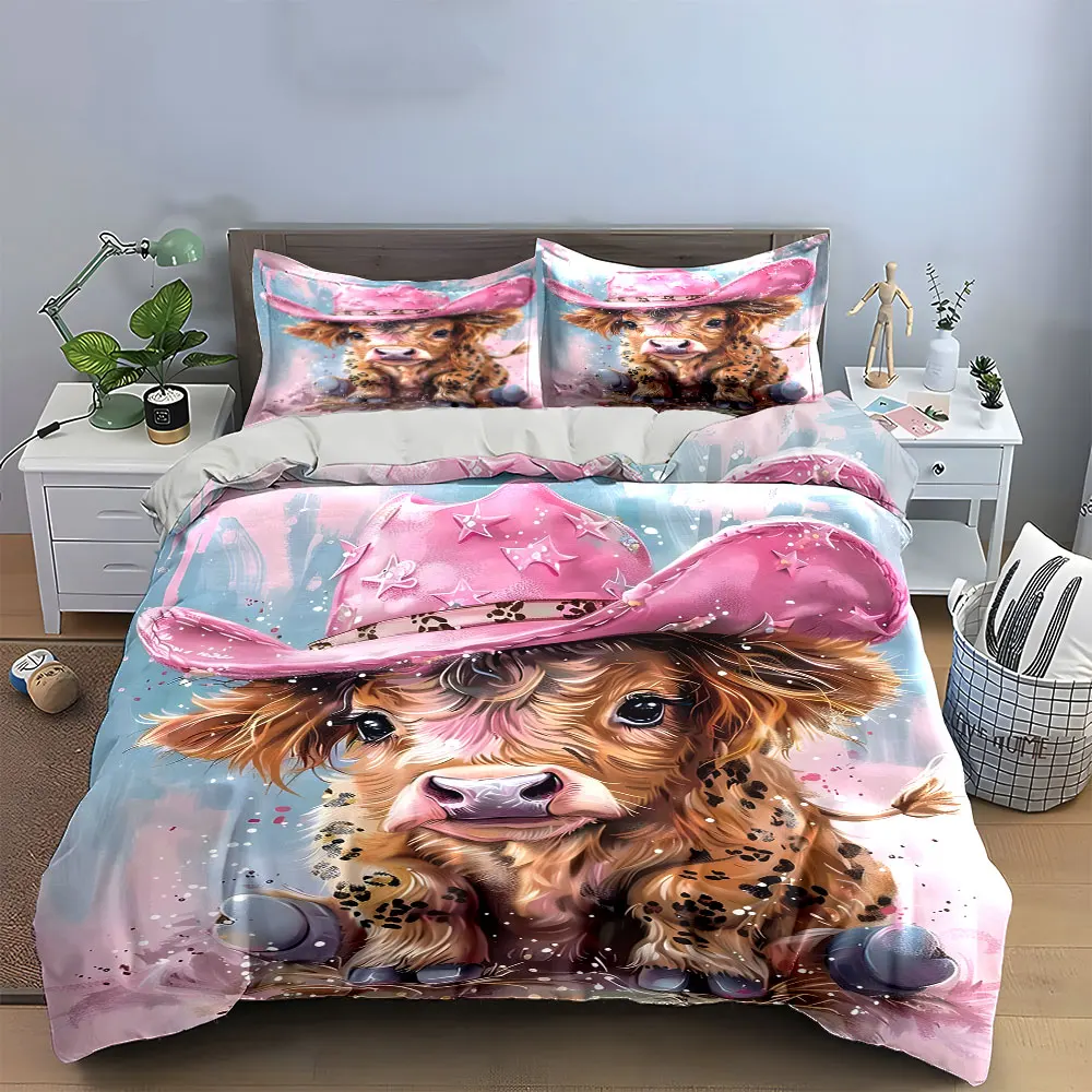 Highland Cow Bedding Set,Cute Calf with Pink Cowboy Hat and Leopard Print Duvet Cover + 2 Pillowcases,Western Farm style Decor
