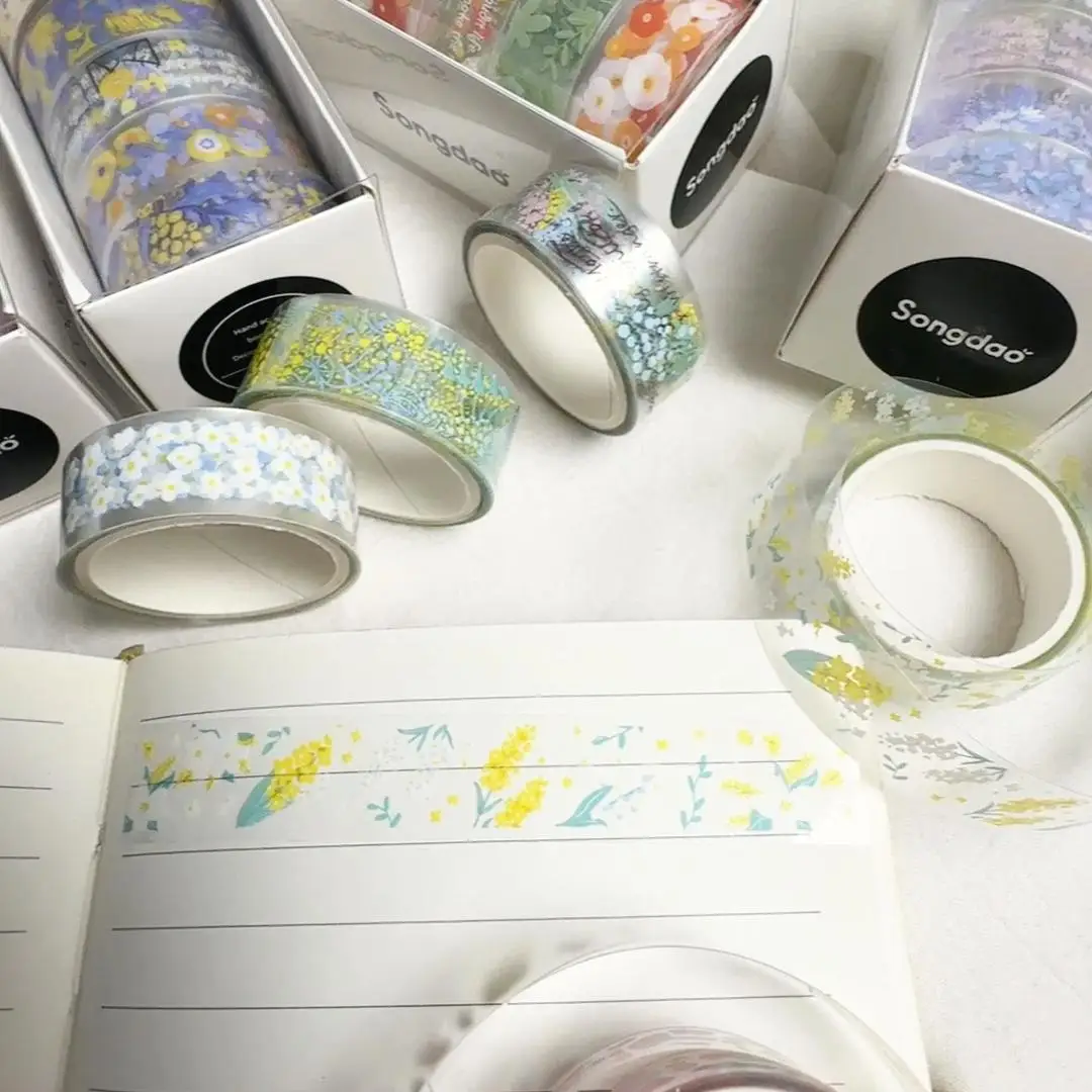 5 buah/set stiker seri bunga pita 1.5cm transparan PET Masking Tape 2m DIY dekoratif Diary Scrapbooking stiker estetika