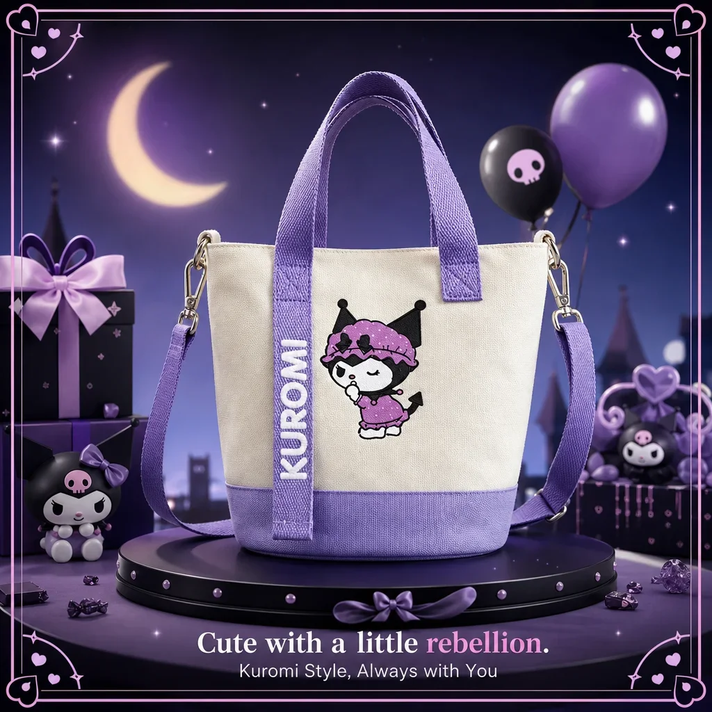 Sanrio Hello Kitty Kuromi Kawaii Anime Print Lightweight Canvas Crossbody Shoulder Bag Purse for Girls Casual Travel Cute Gift